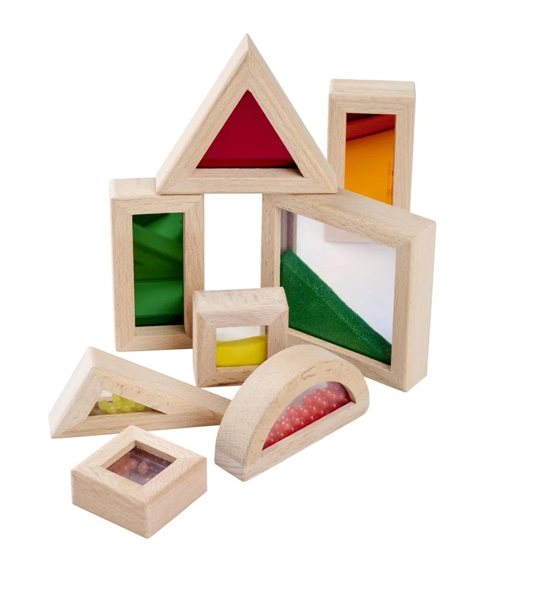 Eichhorn Blocchi da Costruzione con Finestra – 8 Pezzi Set di Elementi Colorati in Legno di faggio, con Sabbia, Sfere o Specchio, promuove sensorialità e capacità motorie, in Legno, Acrilico e ABS, a