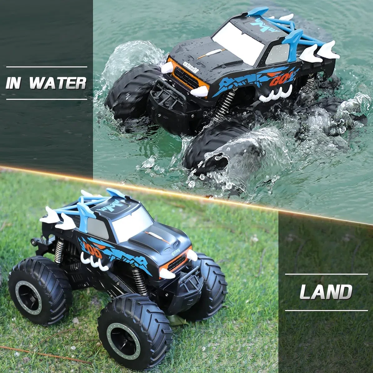 Macchina Telecomandata Bambini Monster Truck Anfibio Telecomandato 1:16 4WD Off-Road Auto RC 2,4 GHz Monster Truck Radiocomandato con due batterie Regalo di per Ragazzi Ragazze 4 5 6 7 8 anni