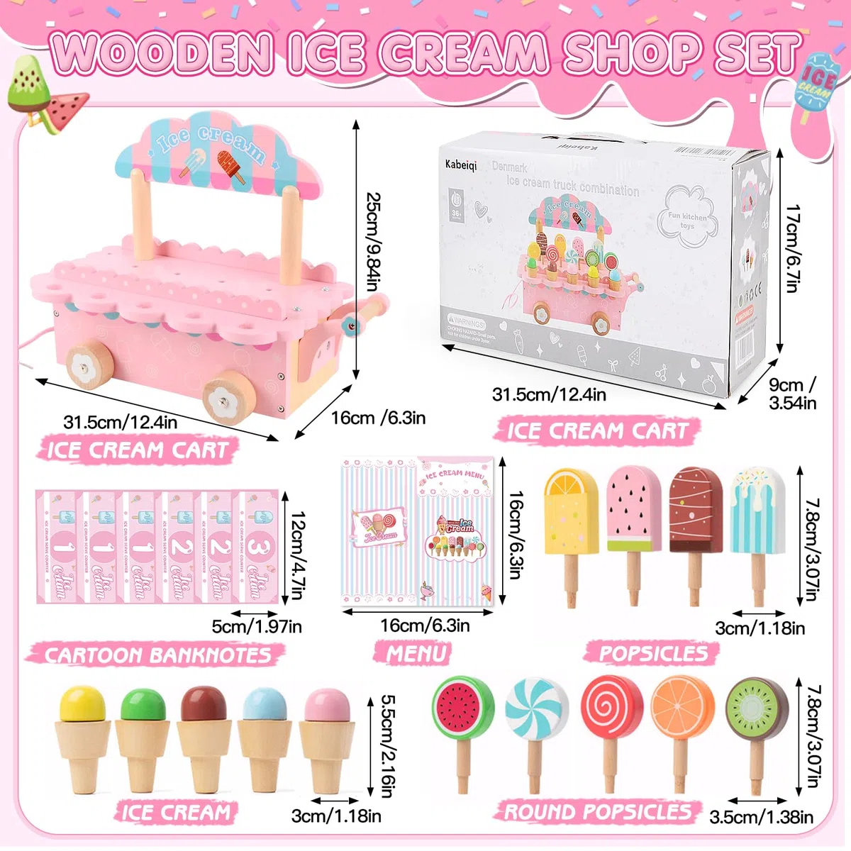Gelateria Giocattolo per Bambini, Carretto Gelati Giocattolo Legno, Gelateria Cucina Giocattolos Educativi Montessori, Accessori Cucina Legno, Giochi Ruolo Montessori Regalo per Bambina 3 4 5 6 7 Anni