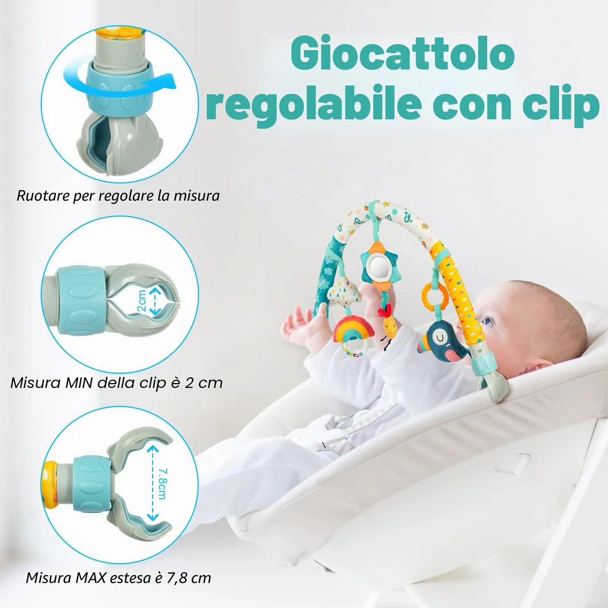 Aomig Giocattolo Passeggino Clip, Regolabile Giocattolo Carrello Bambino con Sonaglio, Giocattolo per Passeggino Rimovibile, attività Appendere Giocattoli, Arco Giochi Educativi