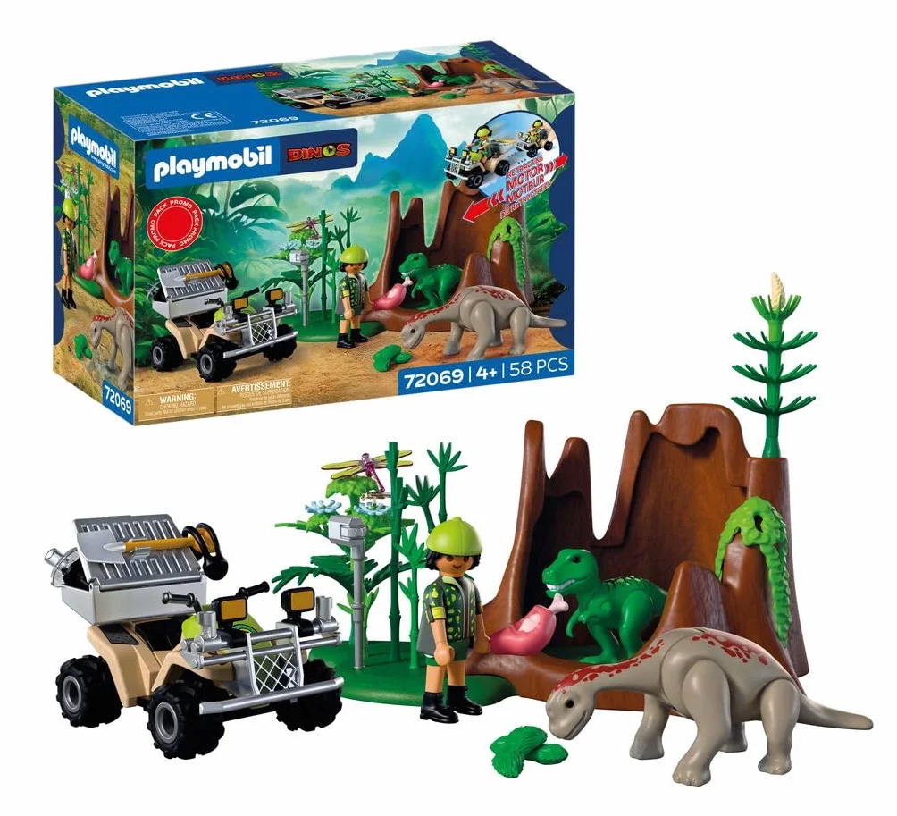PLAYMOBIL | Dinos | Dinosauri Hideout | Dino Explorer con Quad, Baby T-Rex e Baby Brachiosaurus | Giocattolo per bambini dai 4 anni in su | 72069
