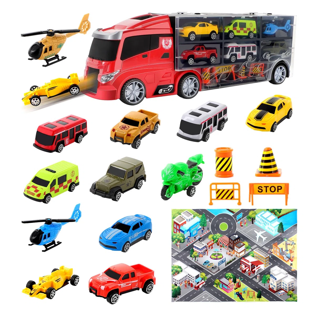 deAO Camion Macchinine Giocattolo per Bambini, 17 In 1 Portatile Trasportatore Macchinine con 10 Auto 2 Elicotteri, Camion Bisarca Macchina Trucks per Bambino 3+ Regalo Compleanno Maschio