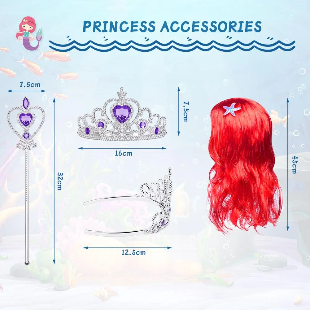 AOOWU Vestito Sirenetta Bambina, Sirena Principessa Vestito Costume con Parrucca, Vestiti Sirenetta Costumi Cosplay Sirena per Halloween, Natale, Cosplay, Compleanno