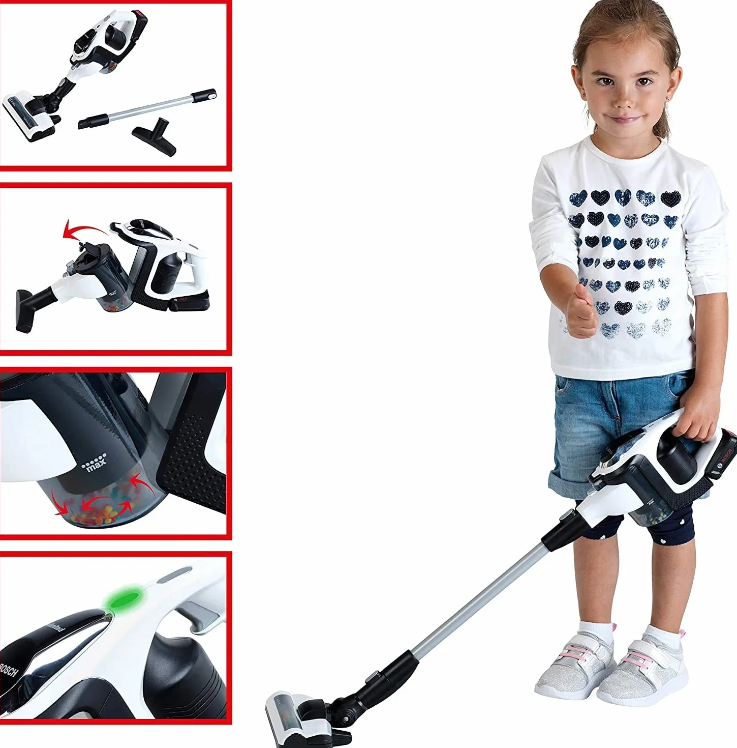 Theo Klein 6812 Aspirapolvere Bosch Unlimited, Aspirapolvere a batterie con Funzione di aspirazione e Sonora, Dimensioni: 16 cm x 16 cm x 80 cm, Giocattolo per Bambini a Partire dai 3 Anni di età