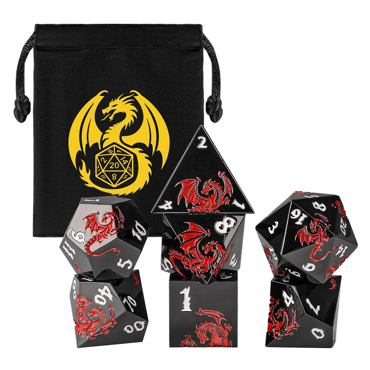Set di 7 dadi poliedrici in metallo, motivo drago rosso piatto, D&D, con sacchetto regalo, D4 D6 D8 D10 (00-90 e 0-9) D12 D20, dadi per giochi di ruolo per D&D MTG, neri