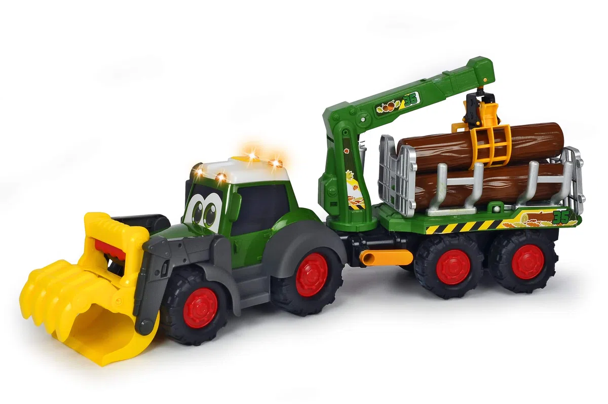Dickie Toys ABC Fendt Forester, escavatore giocattolo con rimorchio, artiglio meccanico tramite maniglia, tronchi, luce e suono, batterie incluse, lunghezza 65 cm, verde