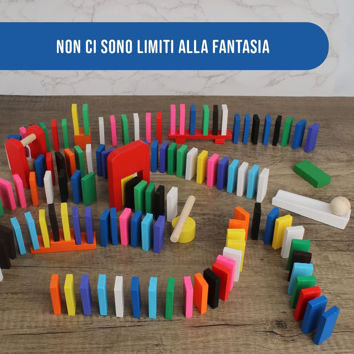 Calmado - Domino in Legno 370 Pezzi – Set Domino Rally per Bambini e Famiglia – Tessere Colorate per Costruire e Giocare – Edizione Party XXL con Borsa, Istruzioni e Accessori