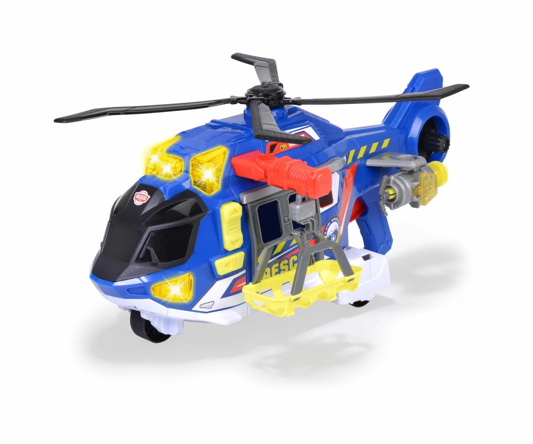 Dickie Toys - Elicottero di soccorso 39 cm, 203307002, +3 anni, sistema a ruota libera, luci e suoni, gancio motorizzato, pale del rotore meccaniche, portelloni apribili, barella di salvataggio