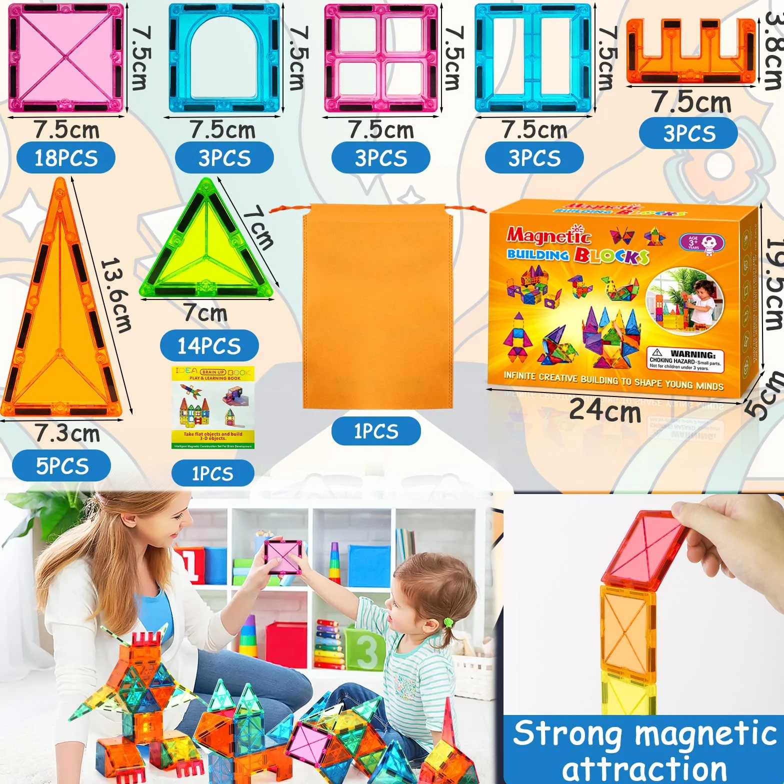 50 PCS Costruzioni Magnetiche per Bambini, Blocchi Magnetici Colorati Quadrati e Triangolari, Forte Adesione Magnetica, Con Sacchetto di Stoccaggio e Manuale, Adatto a Bambini dai 3 Anni