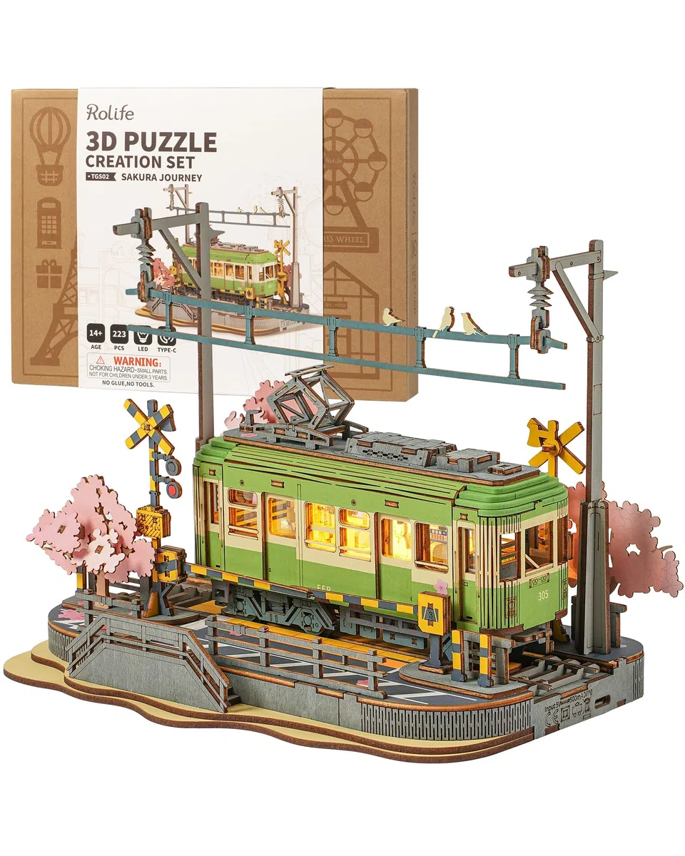 Rolife 3D Puzzle Viaggio Sakura Puzzle in Legno per Adulti da Costruire Kit Modello Sakura Densya con Luci LED Animazione Scena Casa Decorazione Regali di Compleanno Romantici per Lei/Lui