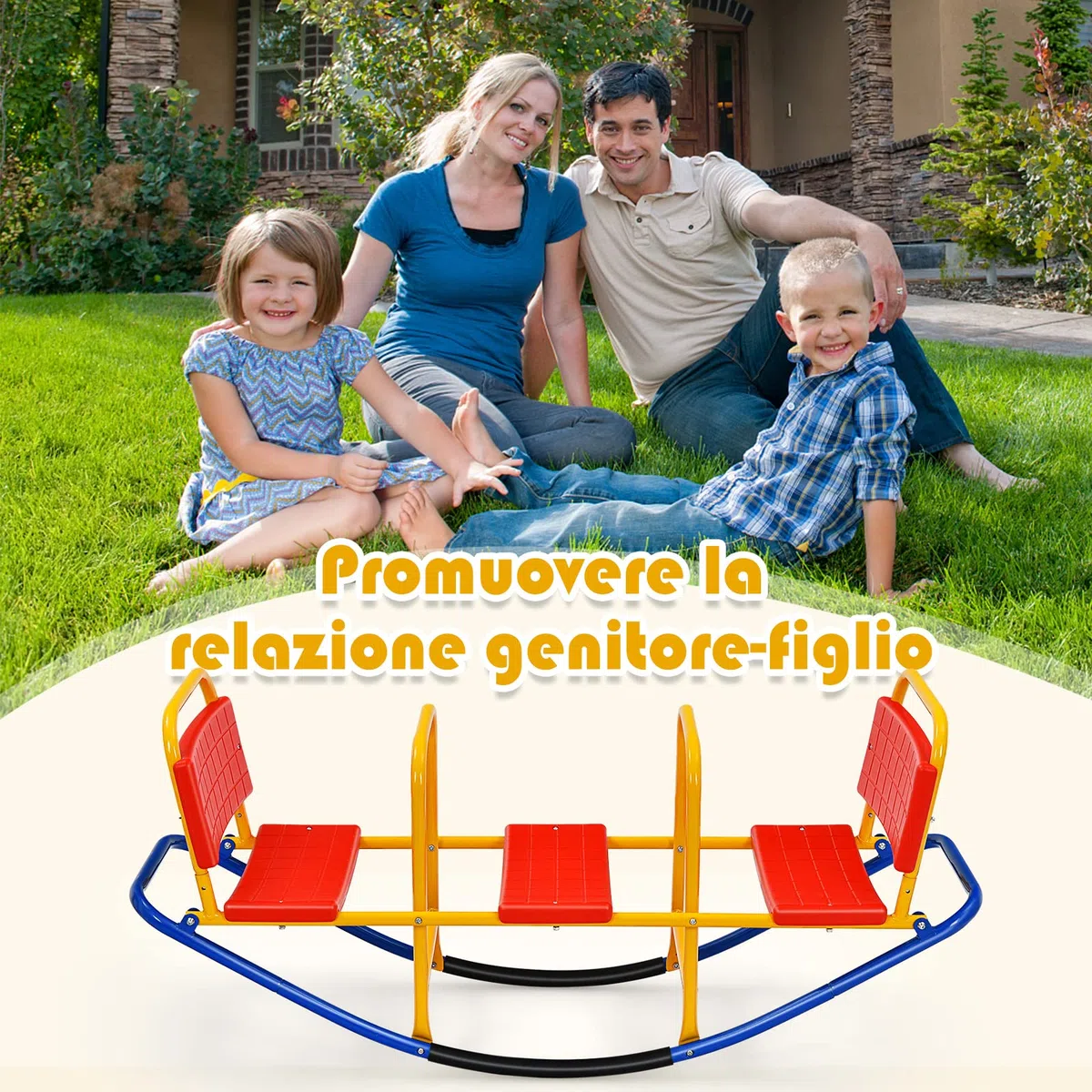COSTWAY Altalena Saliscendi per Bambini, Altalena Basculante Oscillante di Metallo con Maniglie, Altalena Basculante per Interno ed Esterno, 3 Posti a Sedere (Rosso)