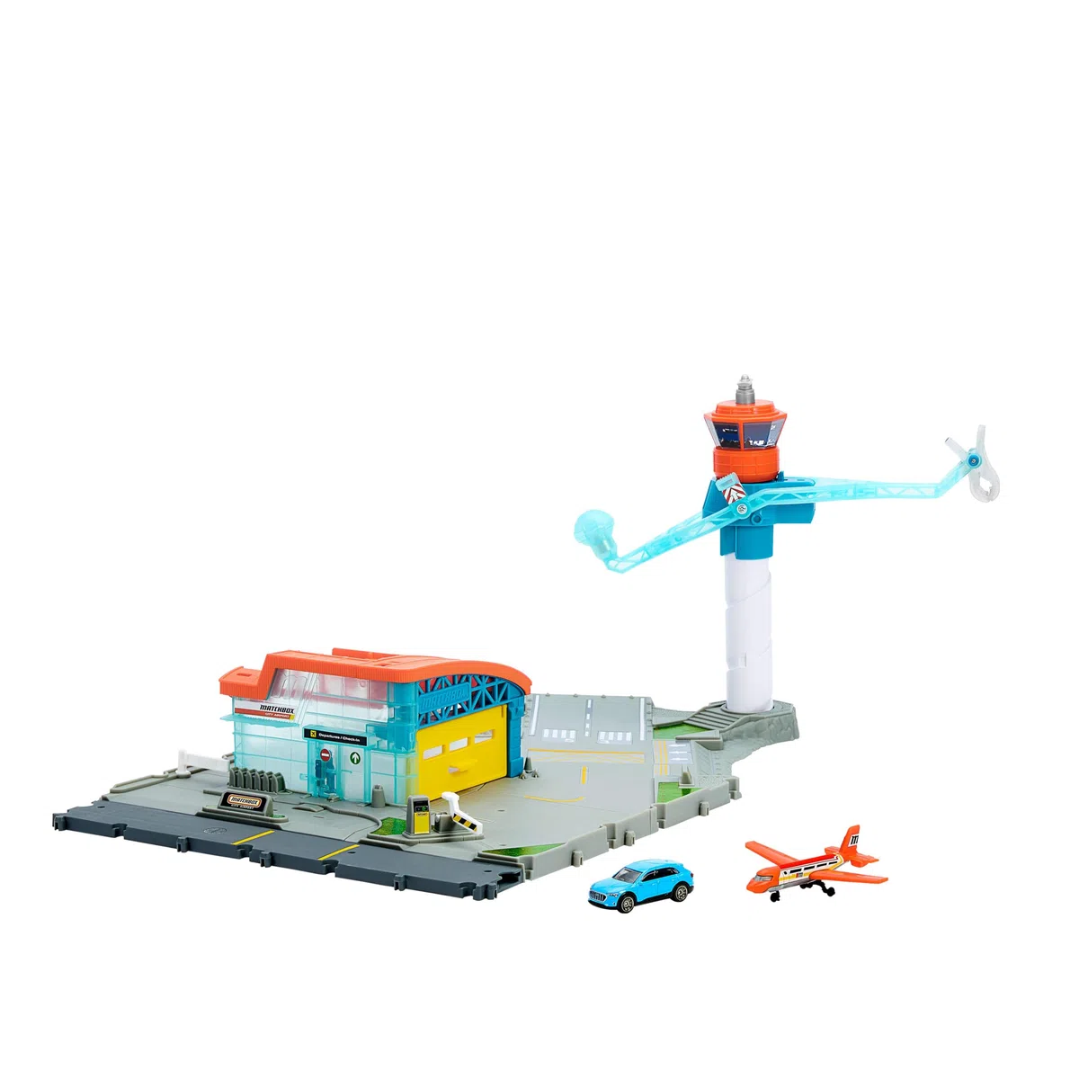 Matchbox - Decollo in Aeroporto, playset con torre di controllo e controller, pista, hangar e due veicoli, include un aereo e 1 Audi in scala 1:64, giocattolo per bambini, 3+ anni, JBW37