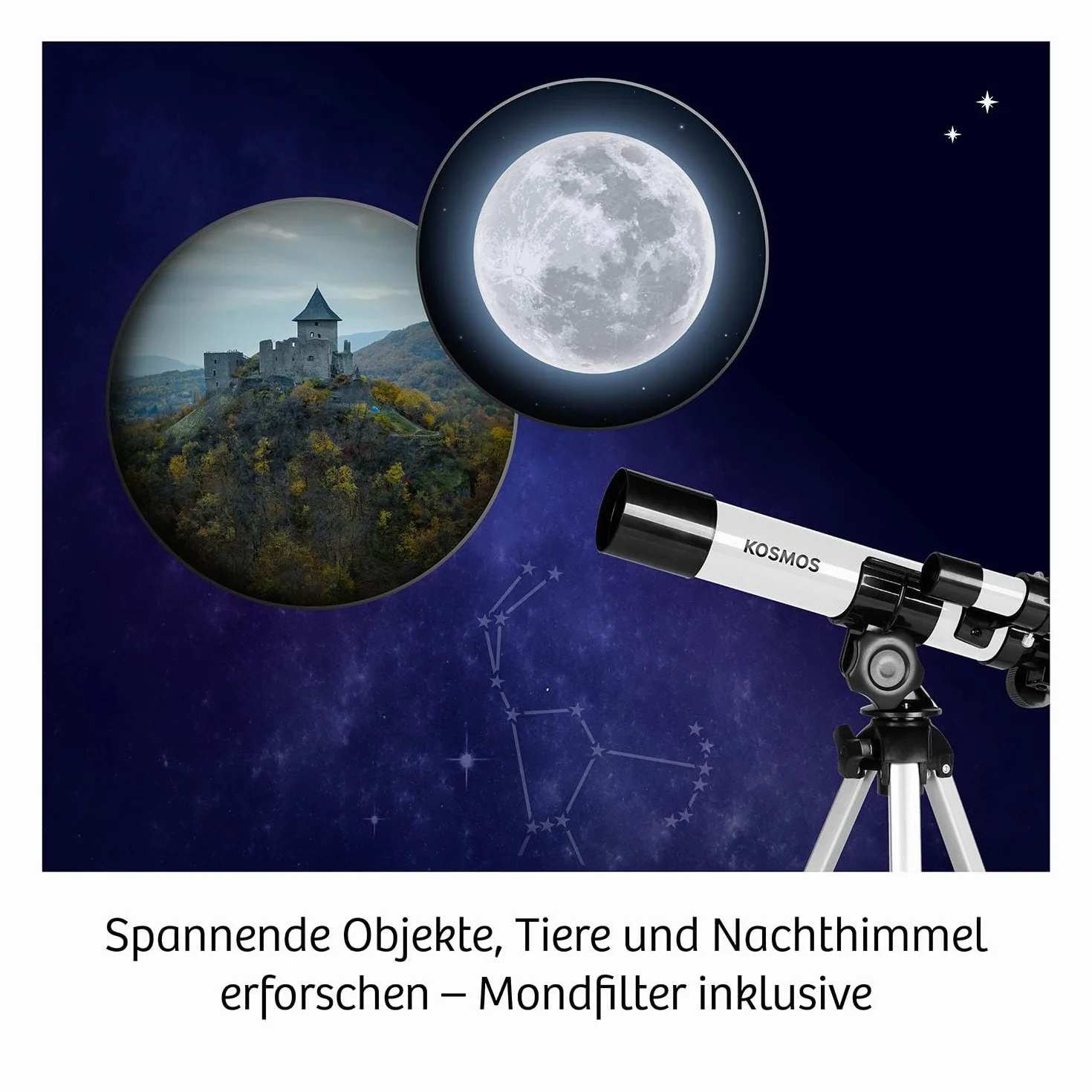 Kosmos 676889 - Telescopio da Esploratore per Principianti e Bambini dagli 8 Anni in su, 2 oculari per ingrandimento 20x o 100x, telescopio da Viaggio Portatile, Scatola per esperimenti, Astronomia,