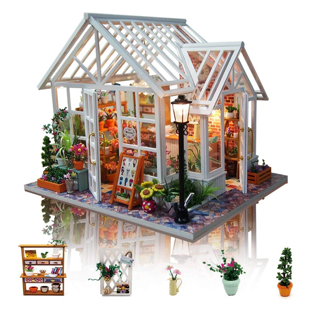 GuDoQi Miniatura Casa Delle Bambole, Kit Casa Bambole In Legno 3D Con Mobili E Musica, Luce A Led, Mini Kit Casa Fatta a Mano da Costruire, Bellissimo Negozio di Fiori