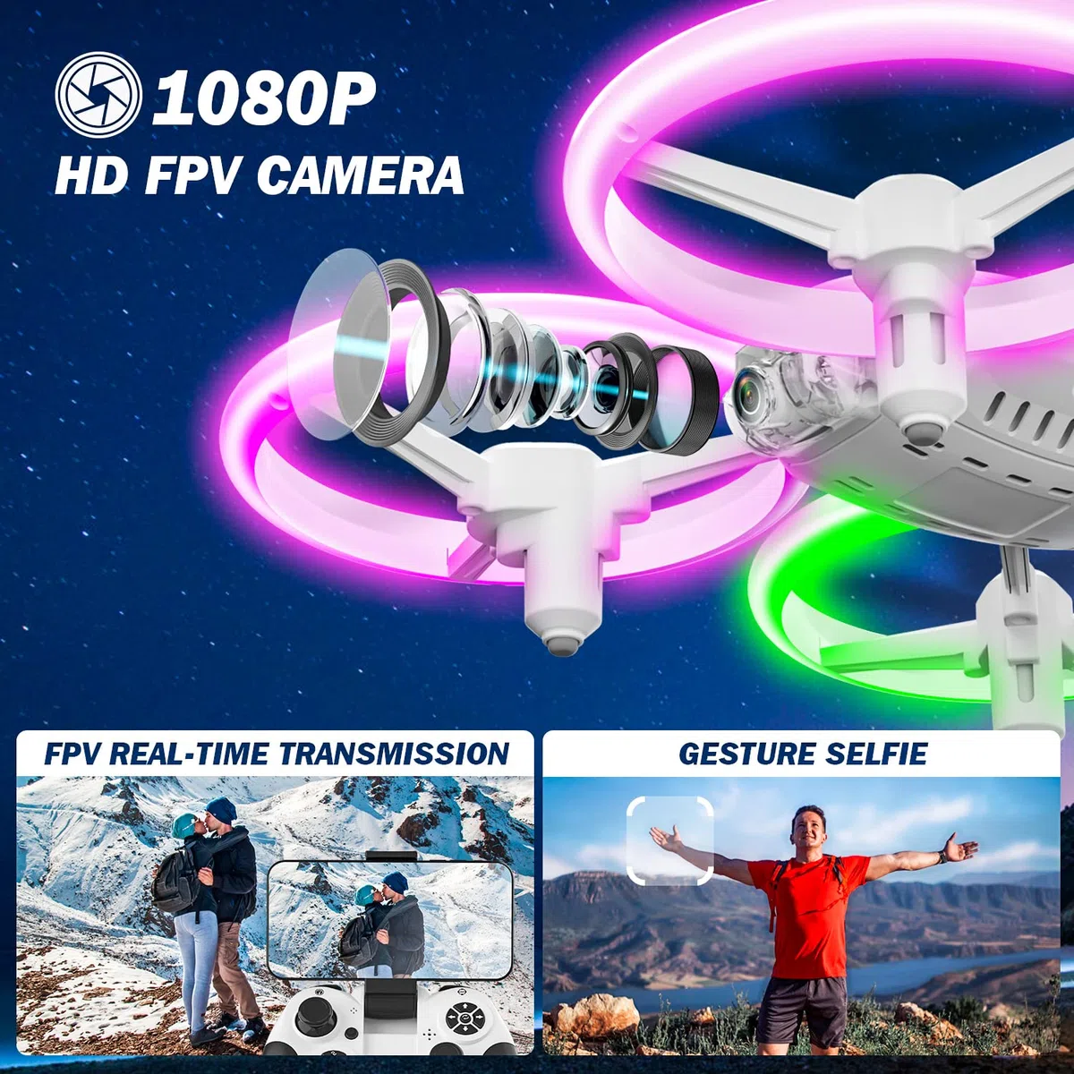 Drone con Telecamera per Bambini, Giocattolo Regalo Droni Telecomandati con Luce LED, RC Quadricottero Elicottero con Modalità Senza Testa, Funzione Hovering, 3D Flip e 2 Batterie
