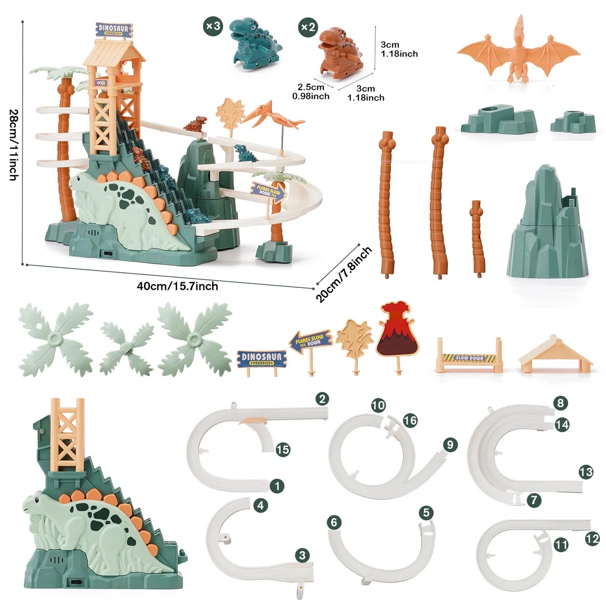 Pista da Corsa Giocattolo Dinosauro Arrampicata Scale Giocattolo Doppio Loop Scivolo per Bambini con Musica Luce Intelligenza Puzzle Educativo Playset per Bambini Ragazzi Ragazze