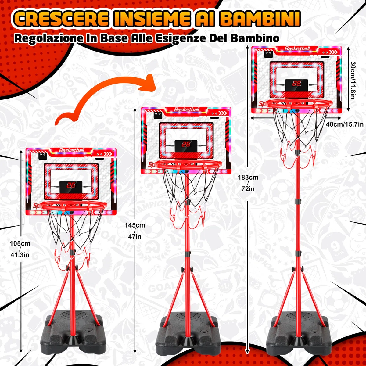 Charmofun Canestro da Basket LED per Bambini, Altezza Regolabile 105-183 cm, 2 in 1 Basket Interno Esterno Con 5 Palline, Musik, Elettronico Punteggio Record, Portatile con Base Zavorrabile