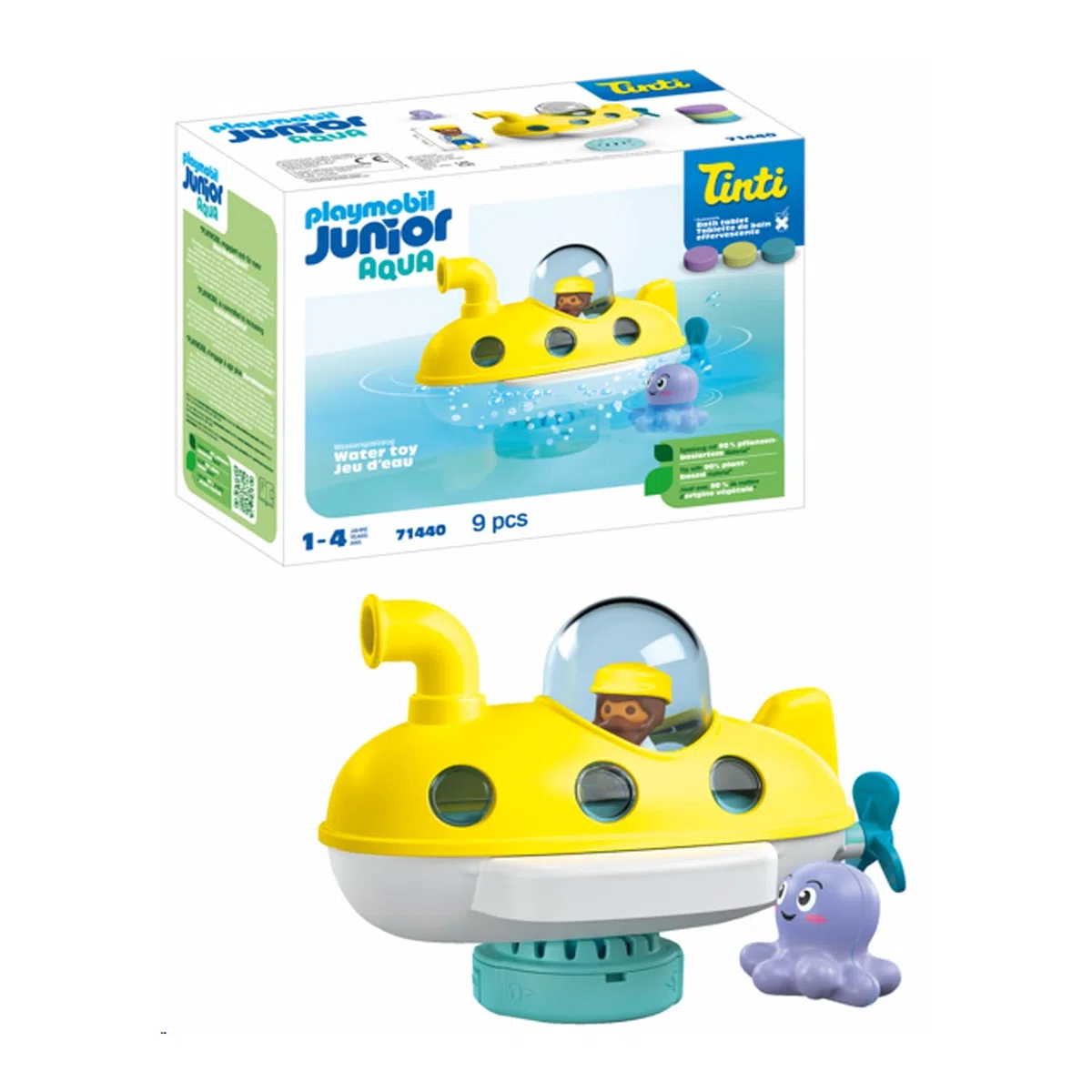 PLAYMOBIL JUNIOR AQUA & Tinti 71440 Sottomarino colorato, barca subacquea con cupola removibile, con tre diverse perle da bagno colorate Tinti, giocattolo per bambini dai 12 mesi in su