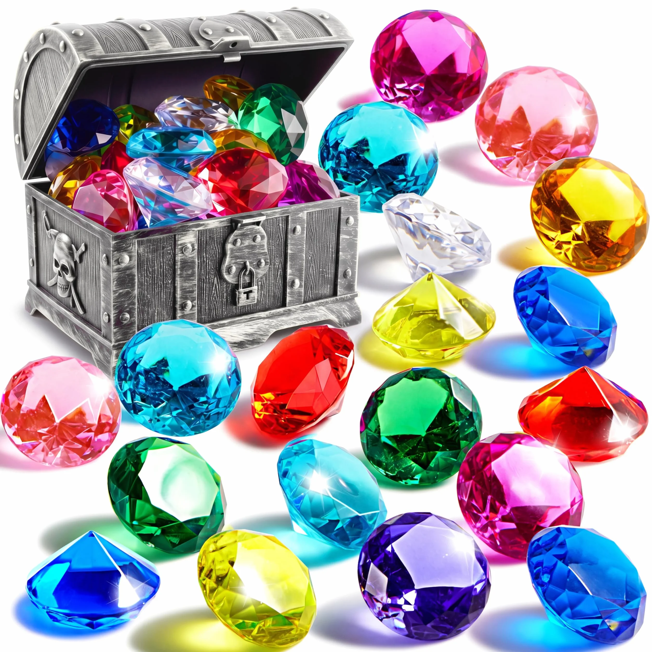 Sloosh Giocattolo da Piscina Diving Gems, 16 Grandi Diamanti Colorati con Scrigno dei Pirati, Giocattolo subacqueo per Bambini con Gemme subacquee, Regalo per l'allenamento al Nuoto