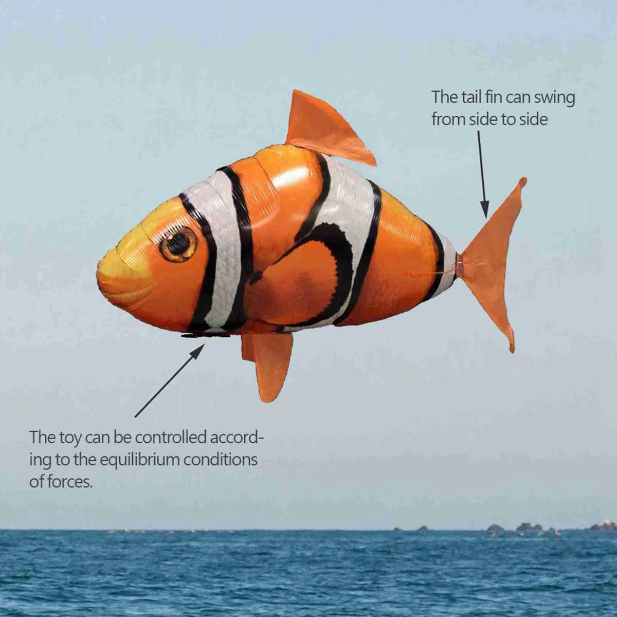 Bnineteenteam Squalo Volante Telecomandato, 145 Cm, Palloncino Gonfiabile RC Giocattolo Squalo Pesce Pagliaccio per Bambini(Pesce Pagliaccio Arancione)