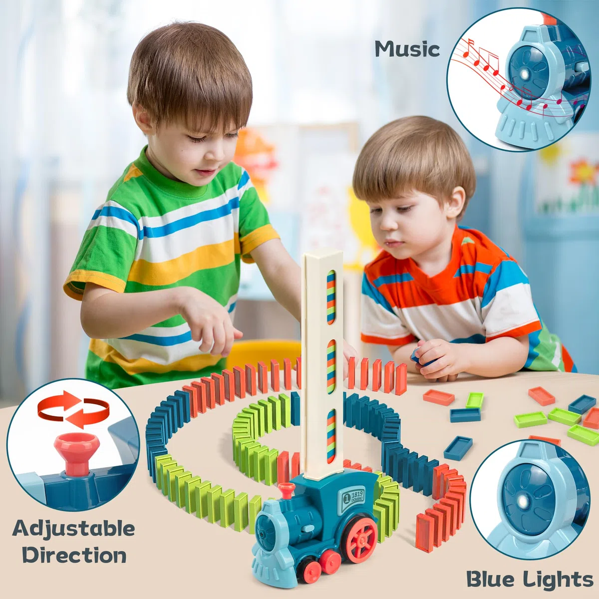 Tren Elettrrico Domino, 200 Pezzi Treno Elettrrico Bambini, Domino Bambini Automatico Treno di Posizione con Luci e Musica, per Ragazze e Ragazzi 3 Anni e Più