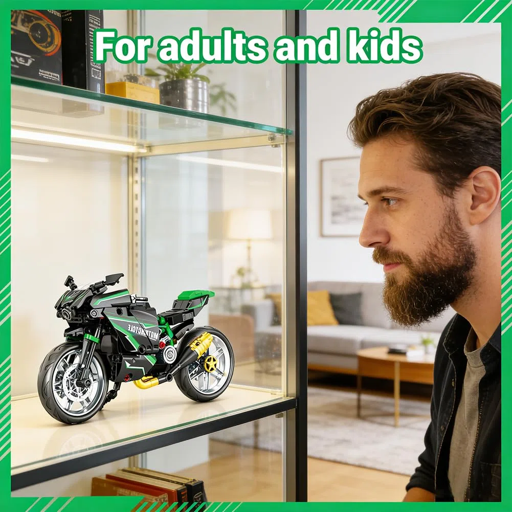 Motociclette Costruzione Modello,Collezionare Blocchi Da Costruzione Modello, Per Supermoto, Tecnica Da Corsa, Superbike,Regali Per Adulti e Bambini, Decorazioni Per l'Ufficio, 14+ (green)