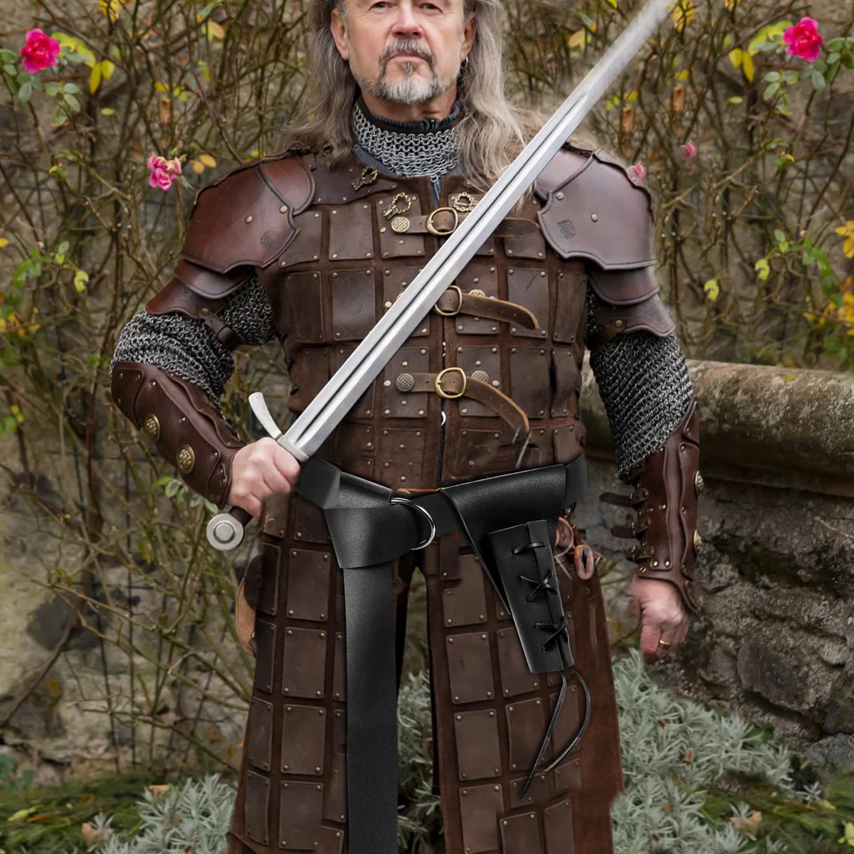 PEUTIER Cintura di Spada Medievale in Pelle con Custodia di Rana Regolabile per Cavaliere Guerriero Pirata Cosplay (nero)