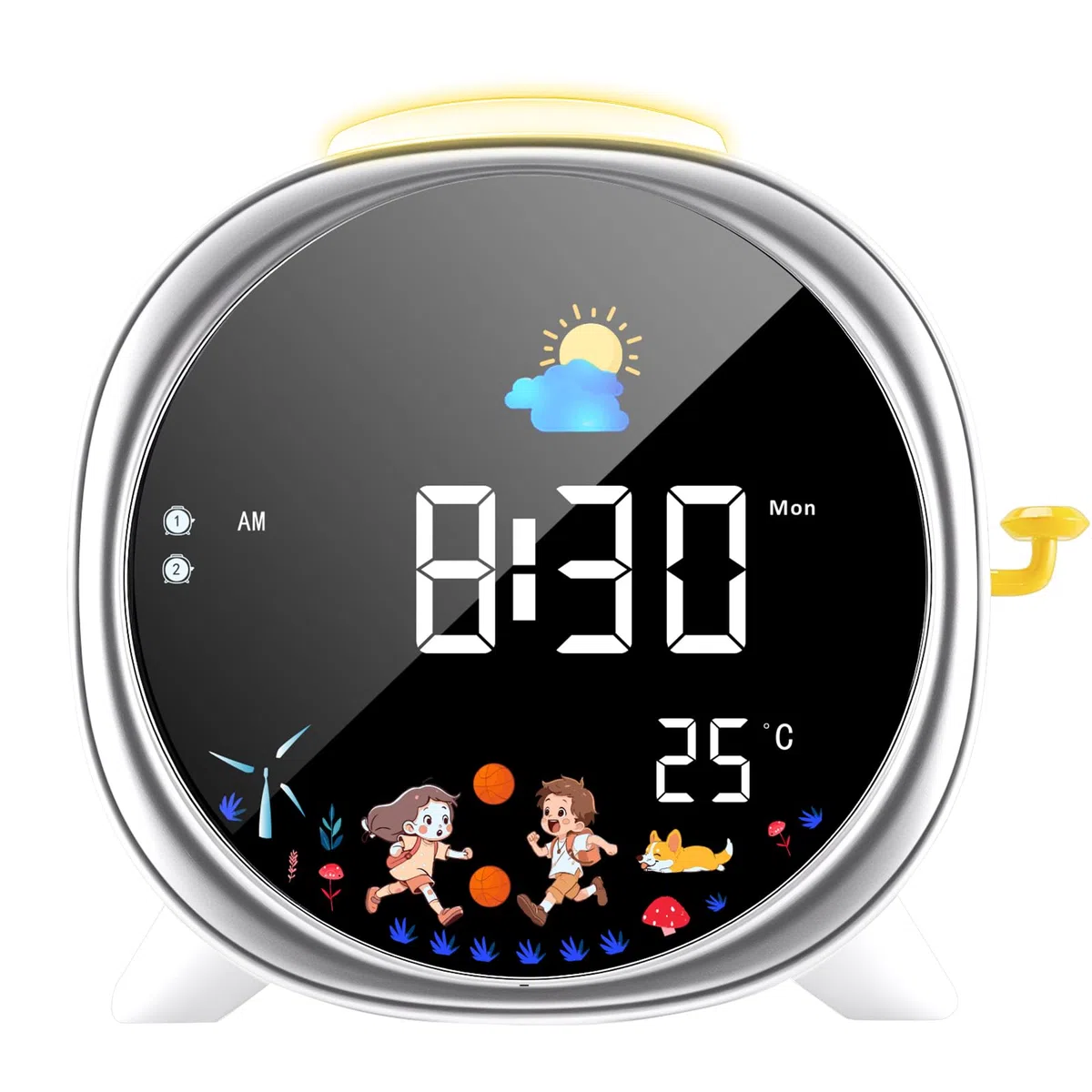 LIORQUE Sveglia Digitale per Bambini, Sveglia Bambini, 5 Suoni, Luce Notturna Regolabile, Display LCD con Modalità Sole e Luna, Doppia Allarme, Alimentazione USB, per Bambini e Bambine