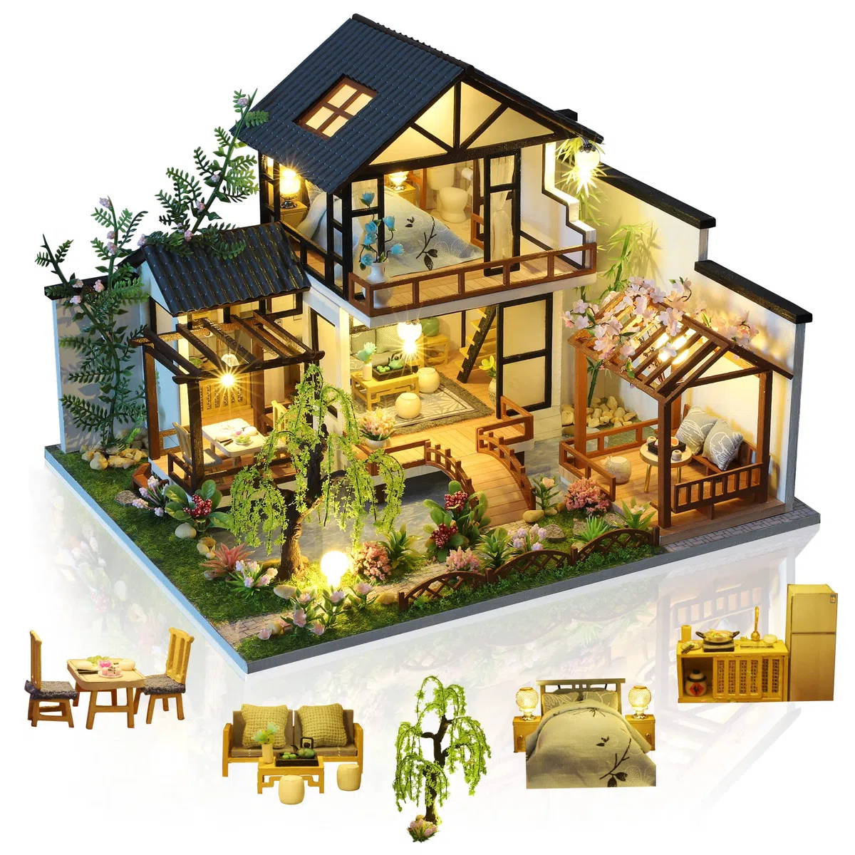 Cuteefun Kit Casa in Miniatura per Adulti da Costruire, Modello di Mini Casa Fai-da-Te con Mobili Copertura Musica e Strumenti, Idea Regali Artigianale Creativi (Villa Orientale)