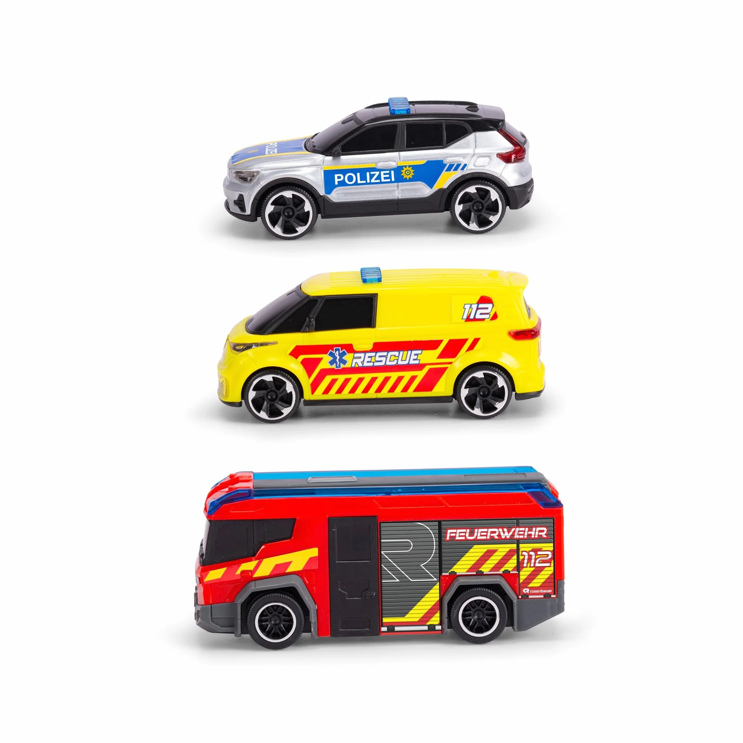 Dickie Toys - Stazione S.O.S per bambini a partire dai 3 anni (31 x 22 cm) con 3 auto giocattolo (auto della polizia, ambulanza, camion dei pompieri), stazione dei vigili del fuoco e della polizia con