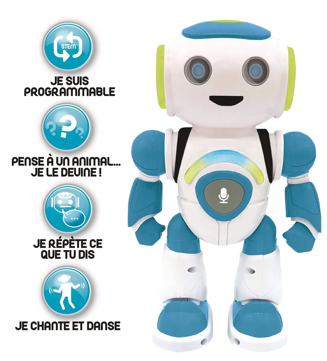 Lexibook Jr. Robot intelligente che legge nei pensieri giocattolo per bambini e bambine, Powerman Junior danza suona musica quiz animali karaoke programmabile STEM Blu/Verde, ROB20FR
