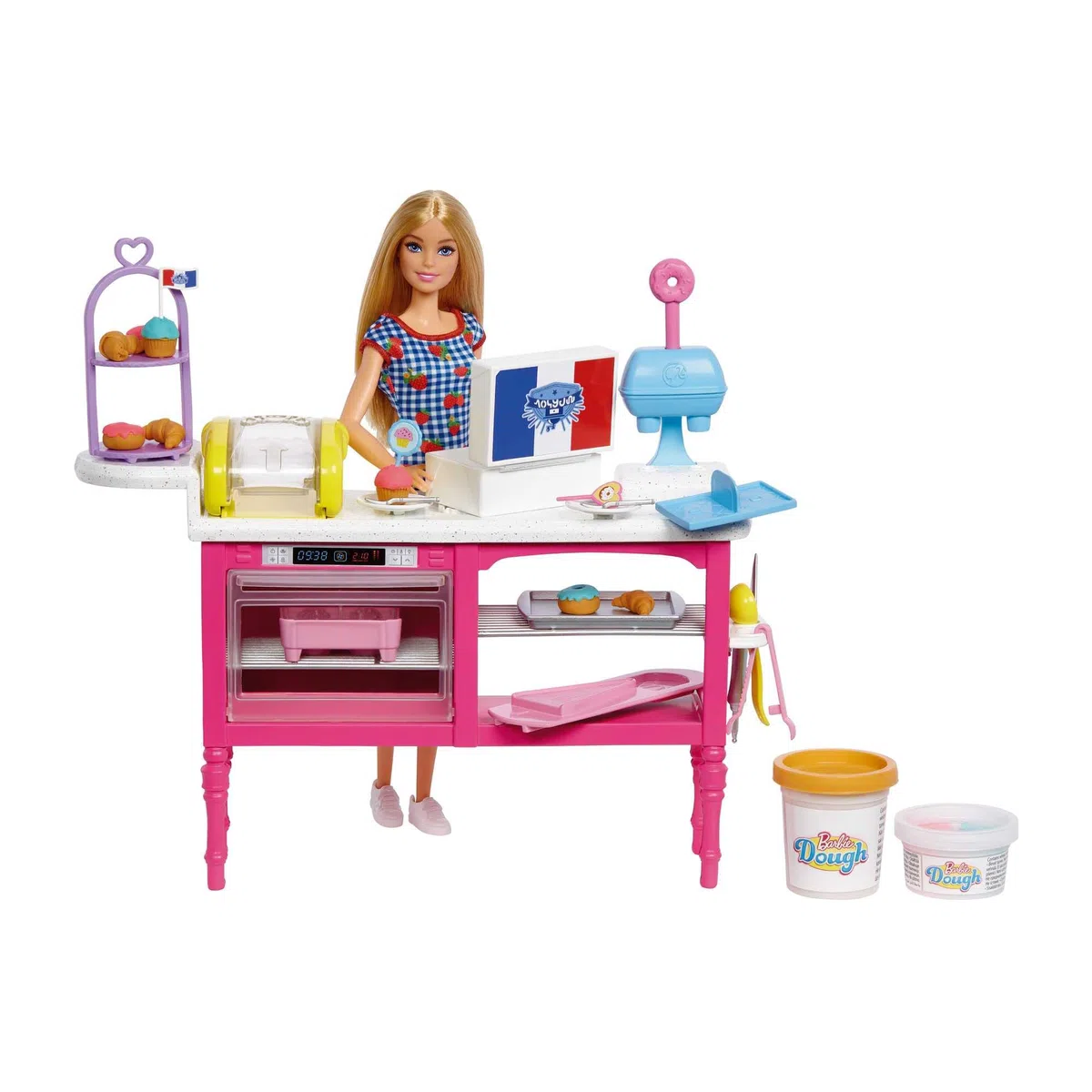 Barbie - Siamo in Due Playset Caffetteria con bambola "Malibu" e 18 accessori a tema pasticceria, tra cui pasta da modellare e stampi, Giocattolo per Bambini 5+ Anni, HJY19