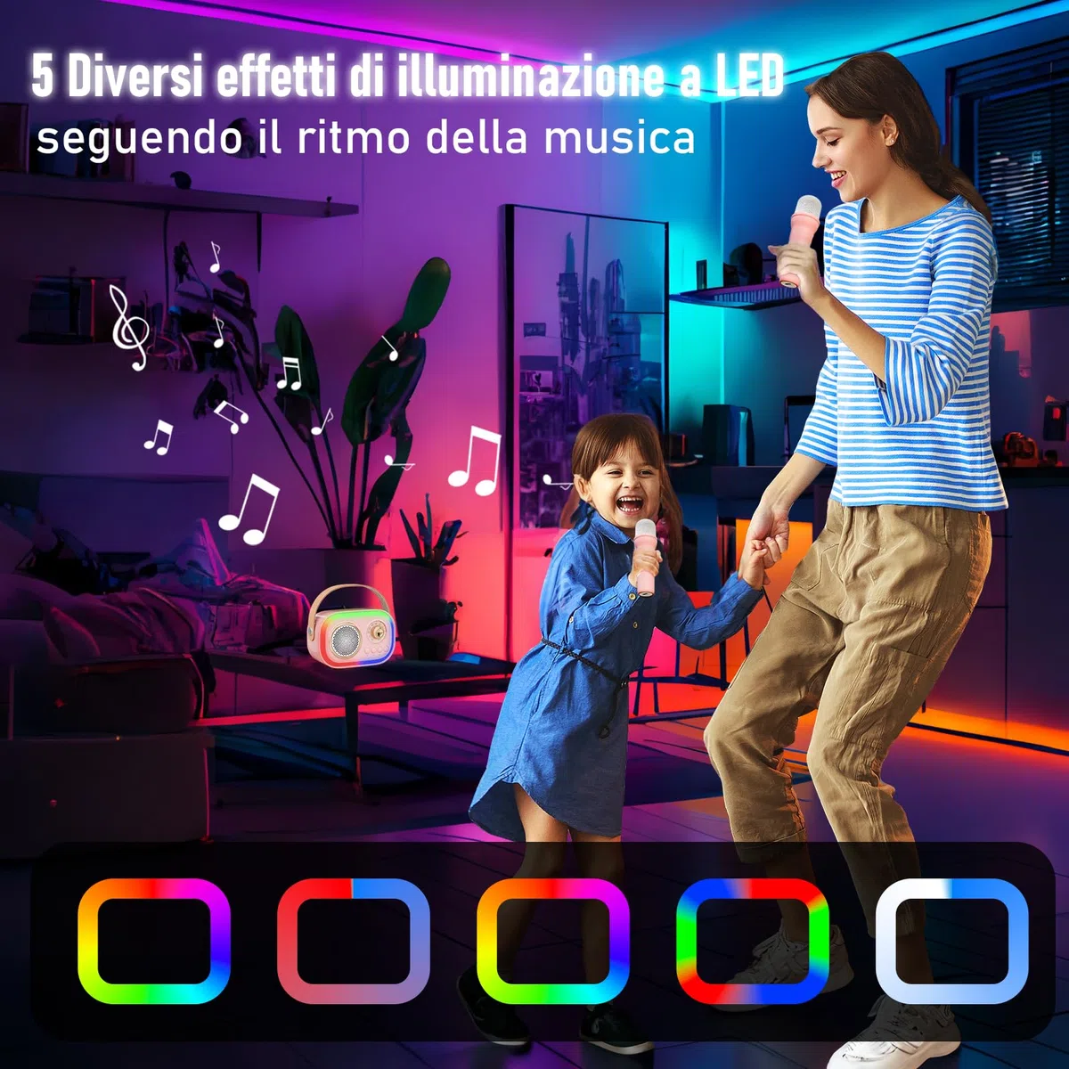 Karaoke per Bambini e Adulti con 2 Microfono, Regalo Bambina 3-18 Anni Macchina per Karaoke Bambini Bluetooth con 5 LED e 12 Effetti Vocali，Giochi Bimba 3-18 Anni,Regalo Natale Compleanno Giocattoli