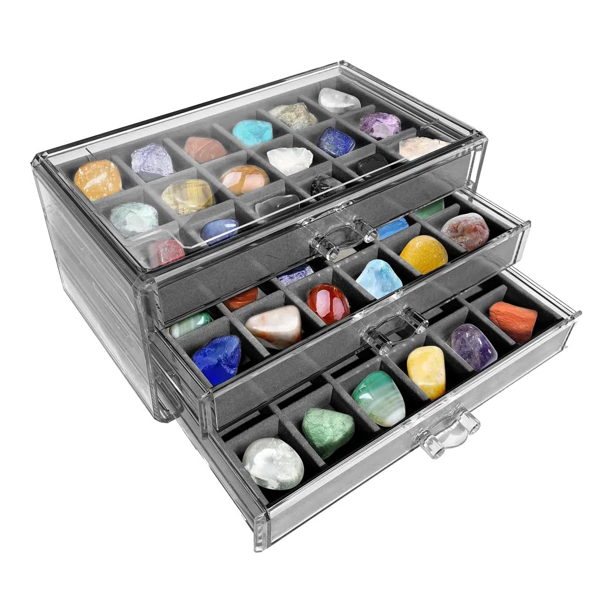 Vetrina con pietre preziose, 54 scomparti, 3 cassetti, scatola da collezione Rock in pietra acrilica trasparente, scatola per gioielli, contenitore per bambini, organizer per, 15,5 x 23,7 x