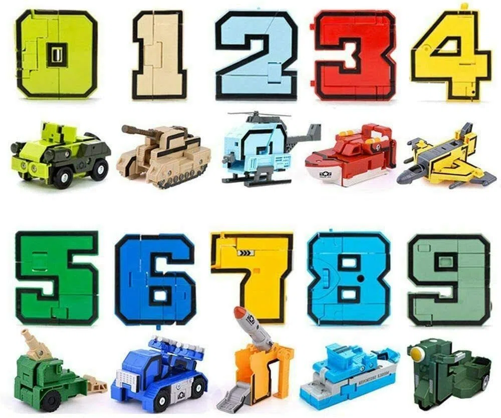 Alfabeto Numeri trasformatori Robot Matematica Giocattoli educativi Costruzione di edifici Puzzle Veicolo Modello Militare carro Armato Missile Elicottero da Combattimento
