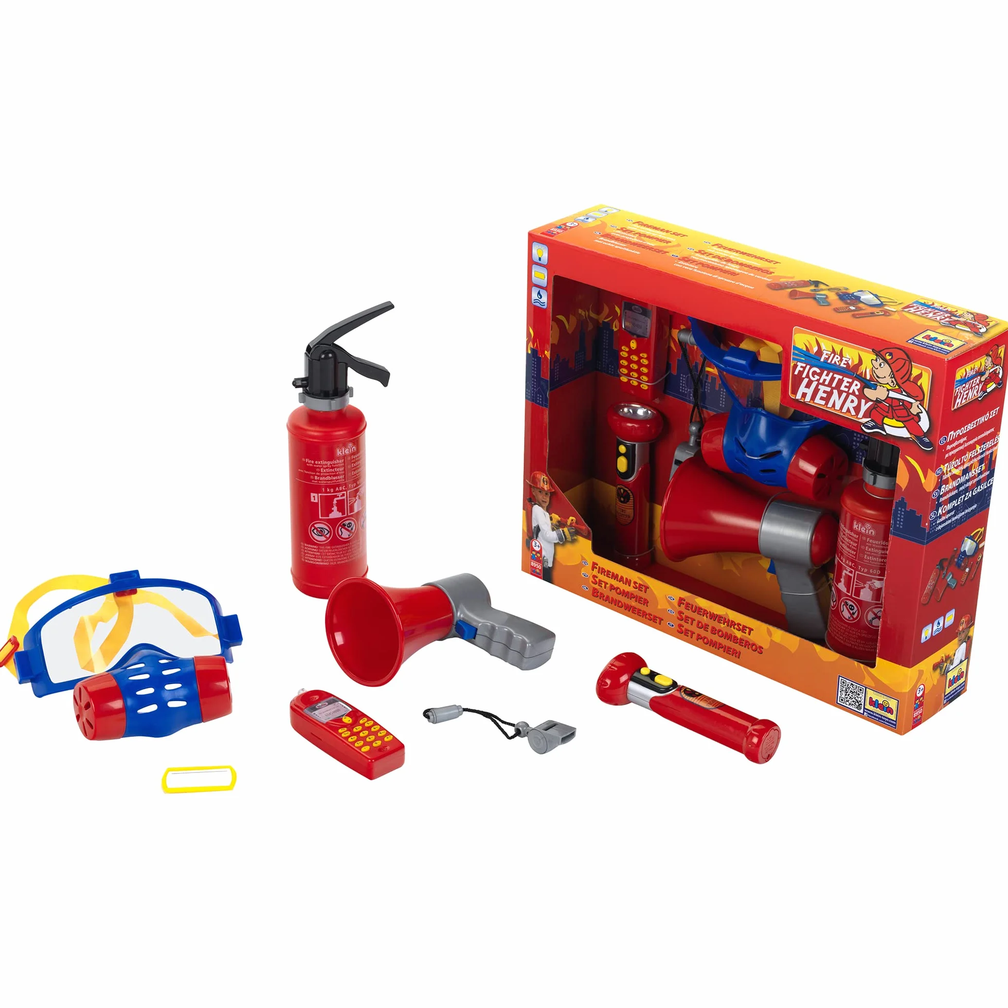 Theo Klein 8950 Set da Pompiere, 7 Pezzi, Include estintore con Funzione Spray, megafono, Torcia e Molto Altro, I Dimensioni- 40 cm x 32 cm x 9,5 cm I Giocattoli per Bambini dai 3 Anni in su