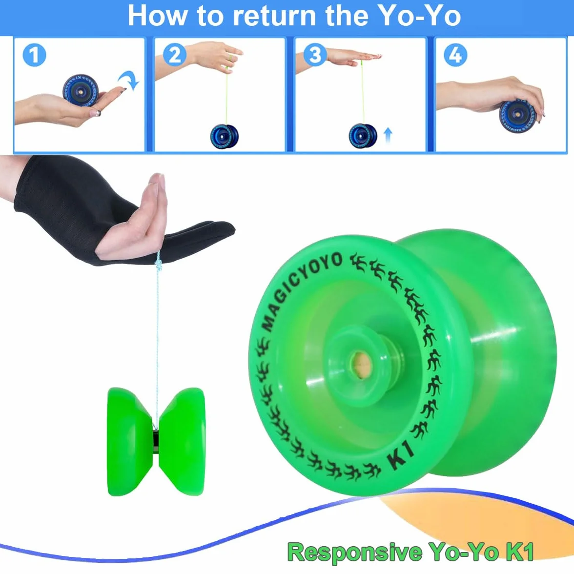 MAGICYOYO Yoyo Ball - Giocattolo professionale reattivo per bambini e adulti, per principianti, Yo Yo che si illumina al buio, Magic Yoyo K1-Plus con guanto Yo-Yo + borsa + corde Yo-yo