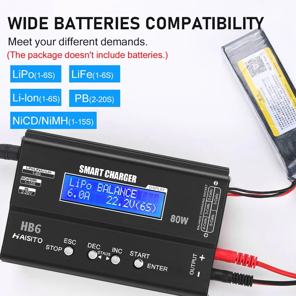 Haisito Caricabatterie Lipo 80W 6A Lipo Balancer per batteria Lipo/Li-Ion/Life (1-6S) e NiMH/NiCd (1-15S), caricatore RC con schermo LED, alimentatore e adattatore XT60 / Deans/JST/Futaba
