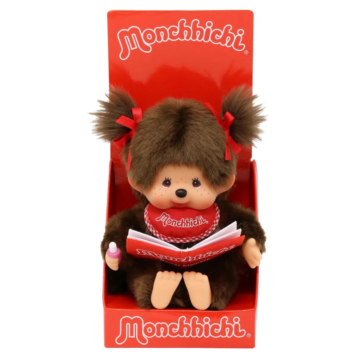 Sekiguchi 221561 - Originale Ragazza Monchhichi, Figura in Peluche con Album Fotografico e Fiocchi, Alta Circa 20 cm in Peluche Marrone