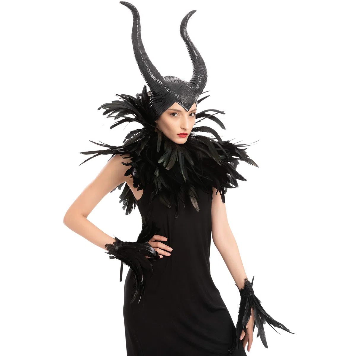 Spooktacular Creations Set di accessori Black Evil Queen con corno, scialle di piume e polsini di piume per Halloween Cosplay Party Gothic Crow Costume Dress Up