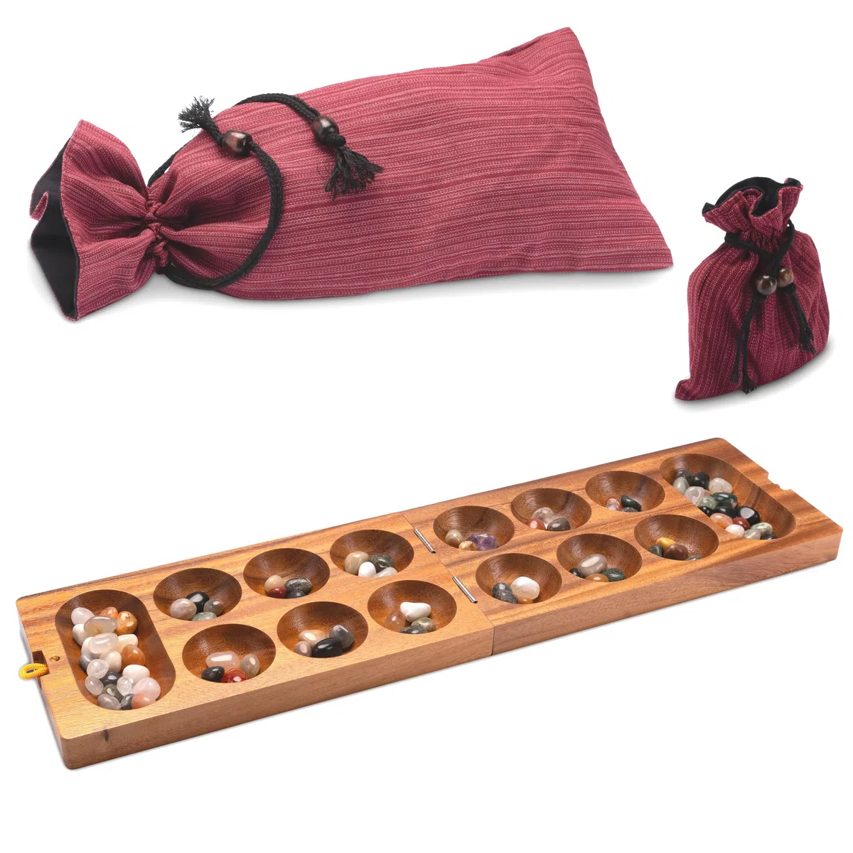 LOGOPLAY Kalaha Gioco per 2 giocatori con sacchetto di stoffa – Campo da gioco 14 x 49 cm – Hus – Bao – con pietre preziose