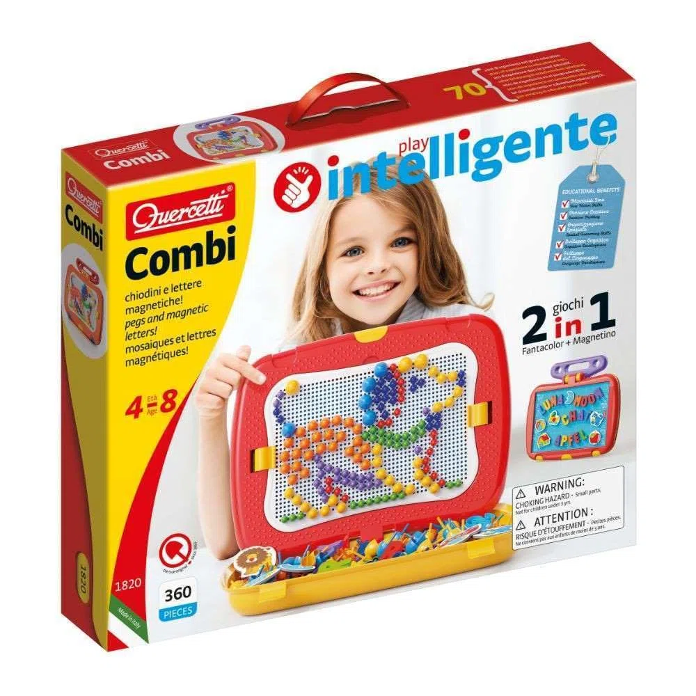 Quercetti Combi con Chiodini per Bambini, 48 Lettere Magnetiche e Pennarelli, Giochi Educativi 4 Anni 2 in 1 Lavagnetta Cancellabile Bambini 4-8 Anni, Sviluppa creatività e Motricità Fine