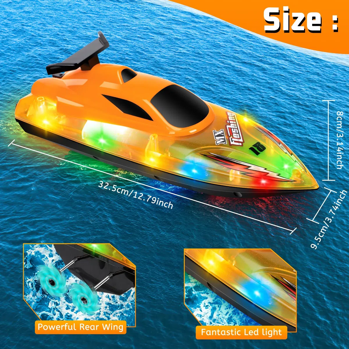 Barca telecomandata, 2,4 GHz, impermeabile, ad alta velocità, con 2 batterie ricaricabili e luce LED, per bambini, adulti, bambini, attività all'aperto (giallo)