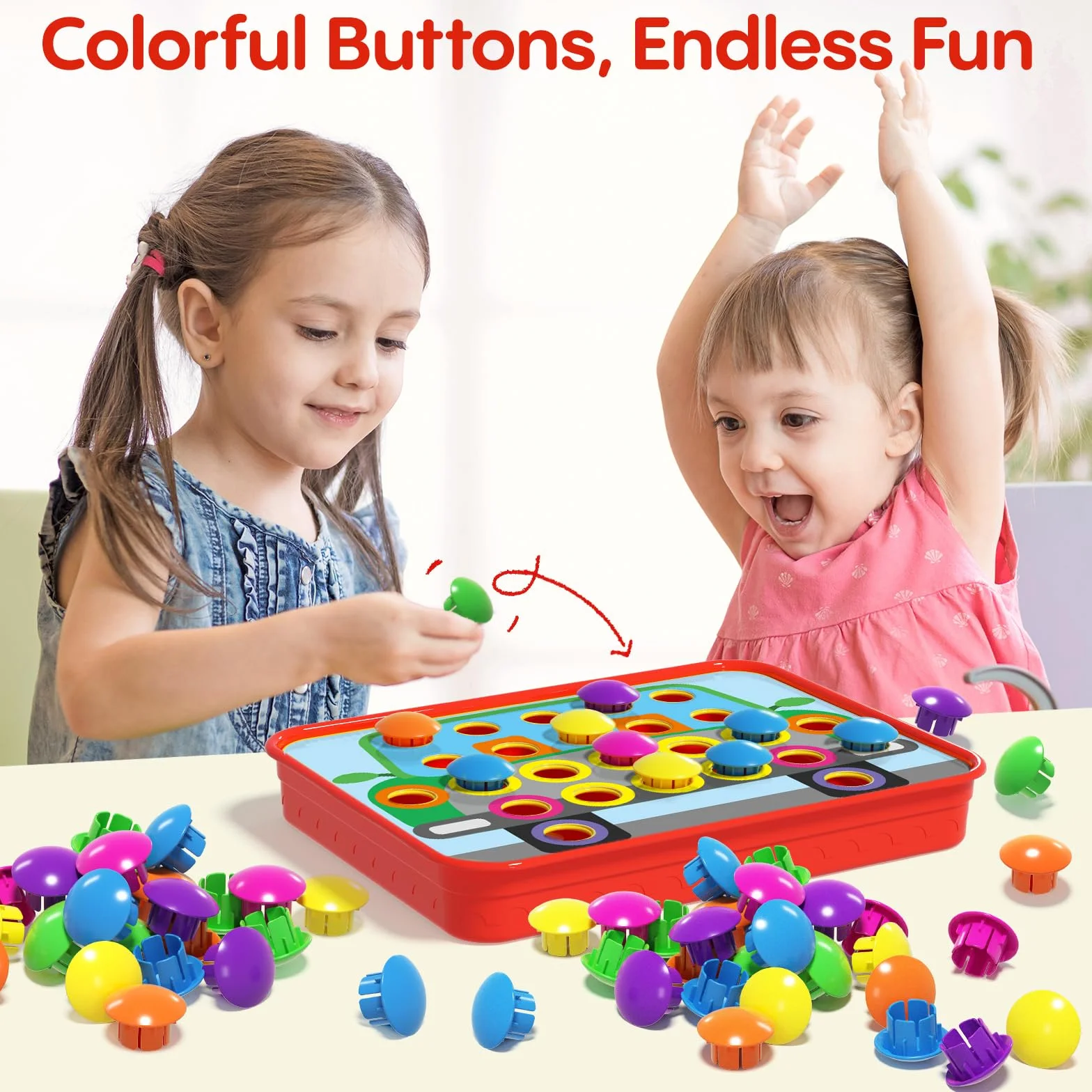 AMOSTING gioco chiodini per bambini 2, 3 anni, gioco di abbinamento colorato, giocattoli prima infanzia, puzzle regalo di compleanno per bambino-20 carte e 46 pulsanti