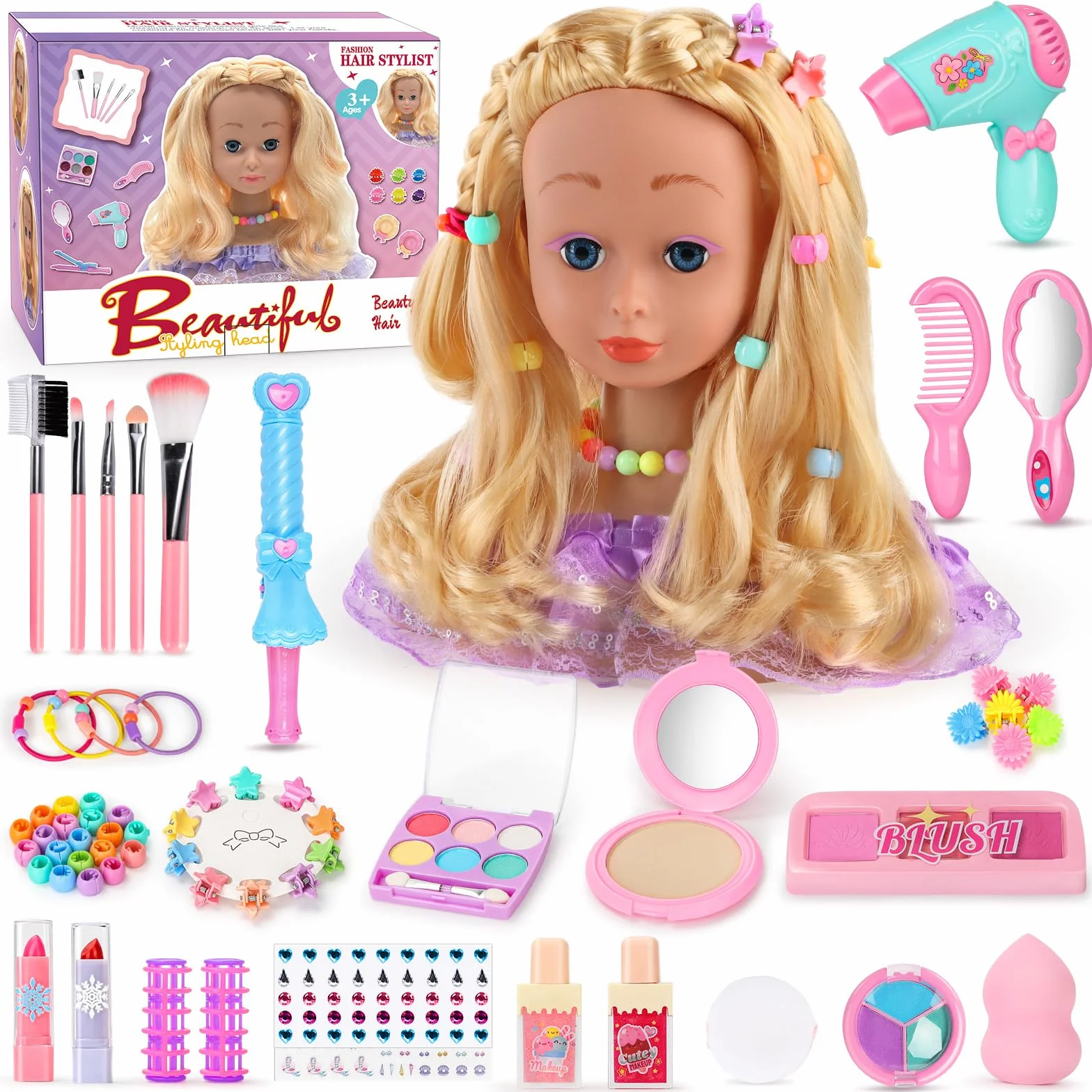 Testa Bambola da Truccare e Pettinare, 66 Pezzi Testa da Pettinare Bambina, Bambola da Truccare Regalo di Compleanno, Natale per Bambini a Partire Dai 3 Anni (Viola)