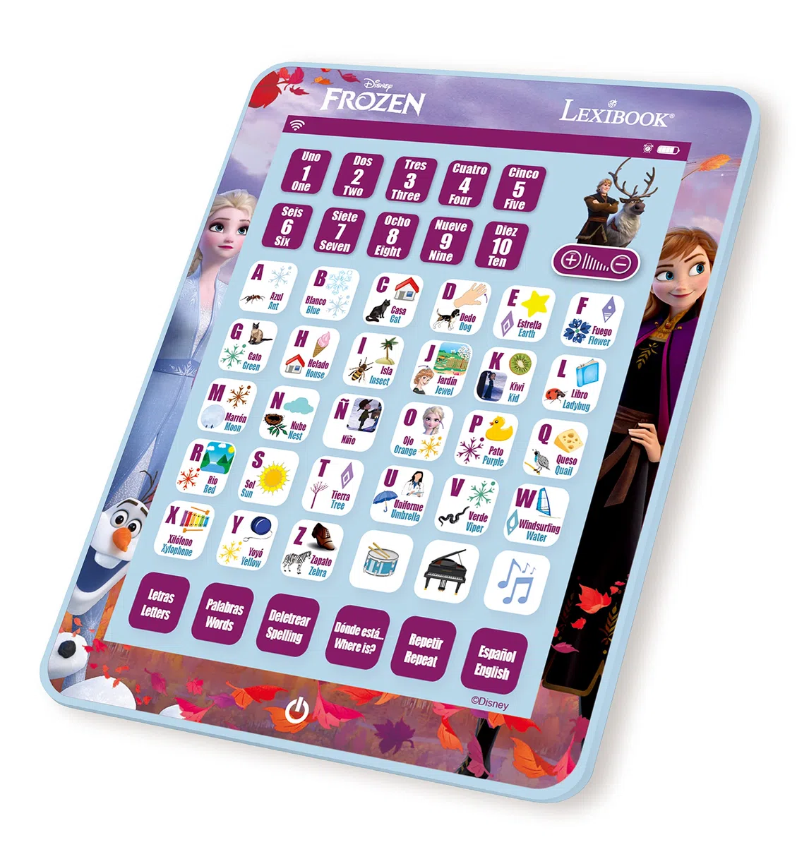 LEXIBOOK, Frozen, Educational Bilingue Learning Tablet, Impara Lettere Numeri Parole ortografia e Musica, Inglese/Spagnolo, Viola, JCPAD002FZi2