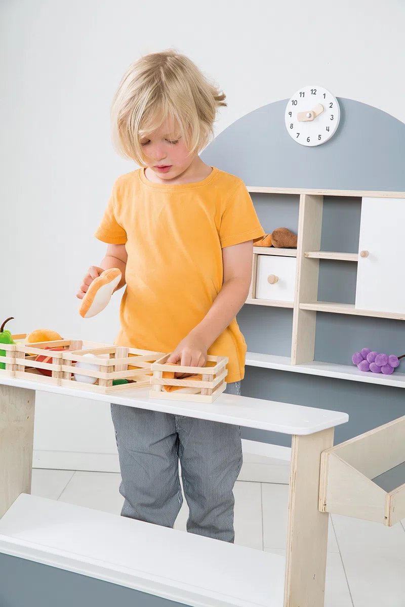 roba Negozio Giocattolo per Bambini in Legno - con Mensole e 3 Cassetti - Accessori Inclusi - Stand di Vendita a 2 Piani di Lavoro e Orologio - Legno Laccato Bianco/Grigio