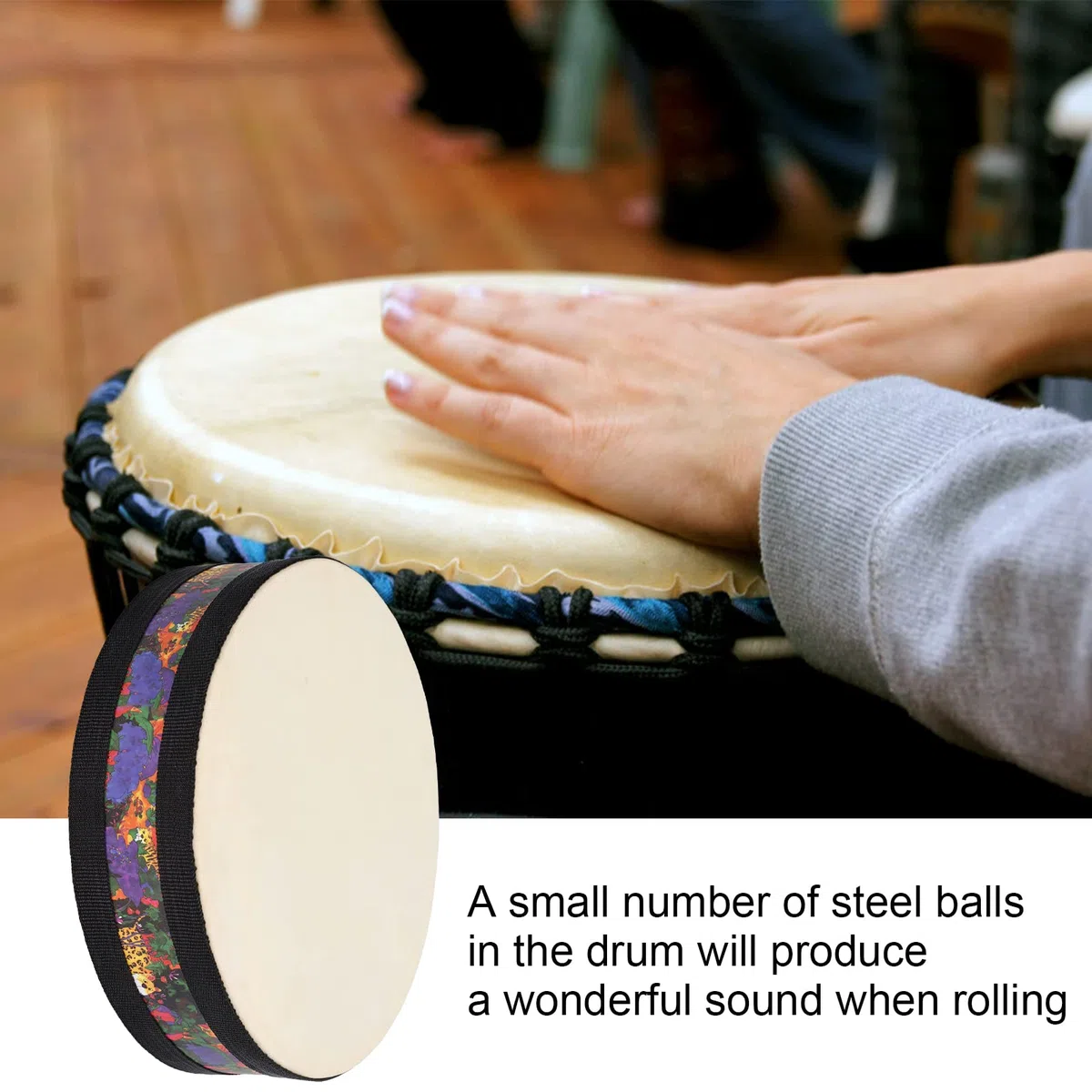 Tamburo a mano, strumento musicale Sea Sound per bambini, design unico effetto onda con sfere in acciaio, cerchio in legno e materiale in pelle di pecora, regalo perfetto per i