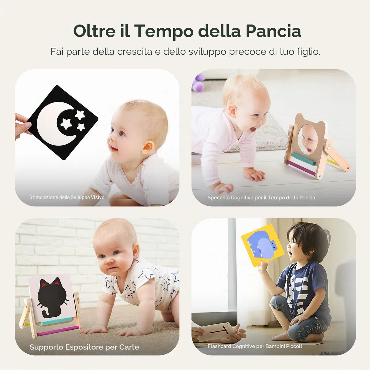 WOODEN TEETHER Specchio per Bambini - Specchio Montessori per Neonati con 120 Pagine di Carte Visivamente Stimolanti, Giocattolo in Legno per Pancia-Tempo, Giocattolo Montessori per Neonati 0 3 6 12
