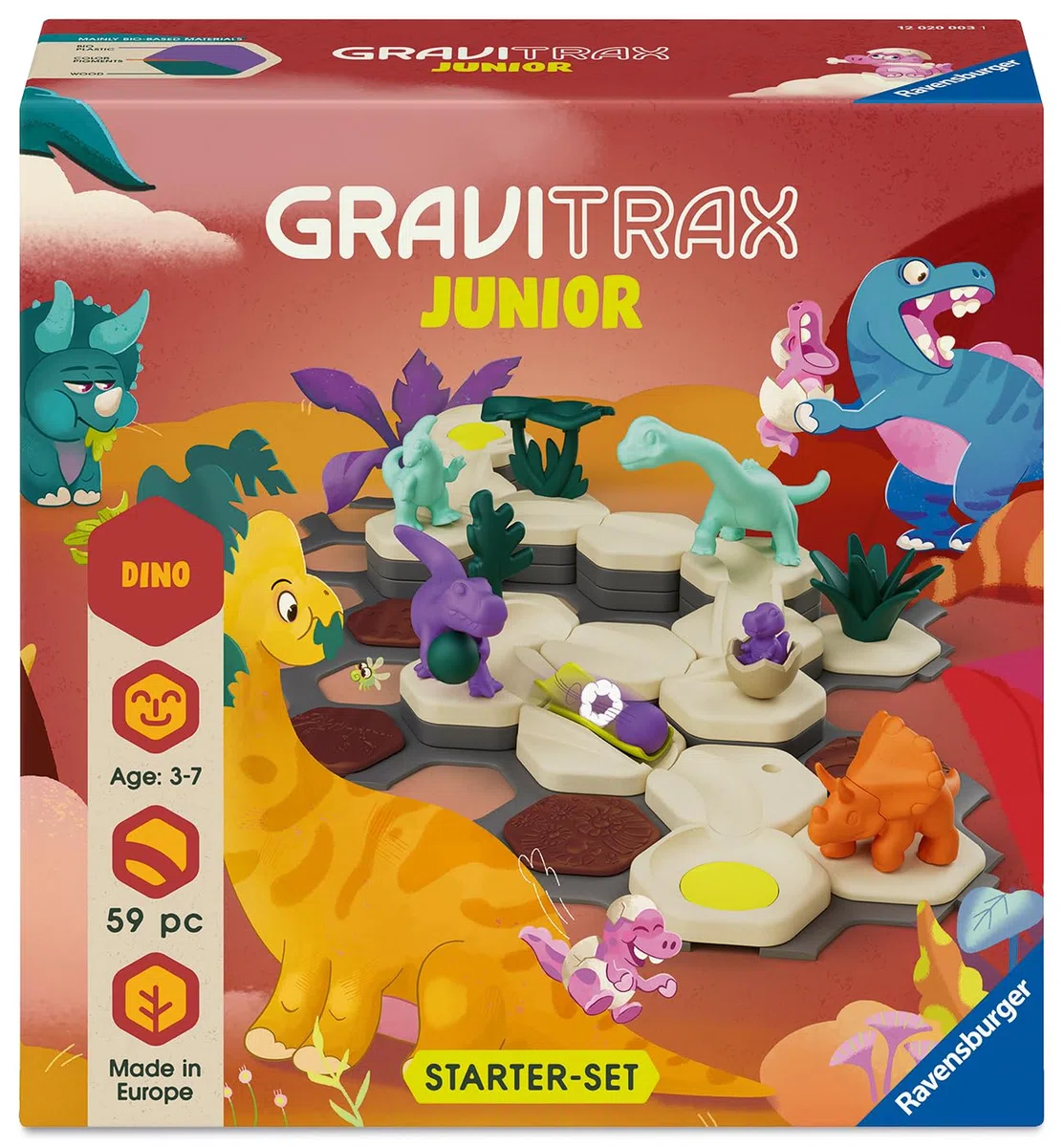 Ravensburger - GraviTrax Junior Dino Starter-Set, Pista biglie 59 pezzi, Rompicapo bambini, Giochi bambini 3 anni e più, Gioco Interattivo ed Educativo STEM, Compatibile con tutti i GraviTrax
